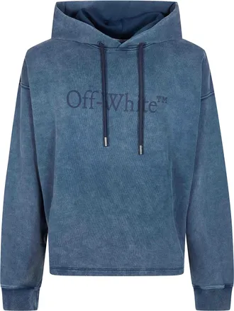 Off-white Washed Denim Blue Cropped Printed Hoodie