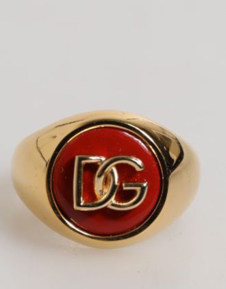 Dolce & Gabbana Gold Tone Real Brass Round Red DG Logo Men Mens Ring
