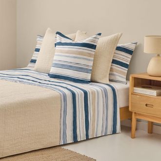Textura S&aacute;bana de algod&oacute;n 180 hilos rayas color azul. Cama 150-160cm