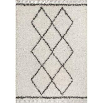 Jonathan Y Designs Mercer Shag Plush Tassel Moroccan Geometric Trellis Denim Area Rug in Cream/gray at Nordstrom, Size 5Ft 0In X 8Ft 0In