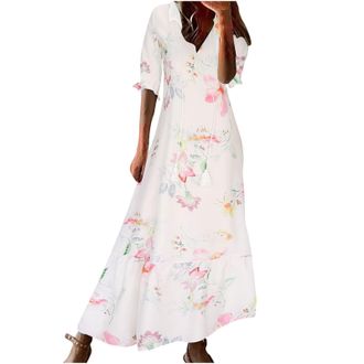 Generic KUIH Summer Dresses for Women UK Plus Size Short Sleeve Boho Maxi Dresses Floral Print Long Dress A Line V Neck Dress Ladies Chiffon Dress Beach Tunic