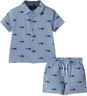 Andy & Evan Print Seersucker Button-Up Shirt & Shorts Set in Navy Stripe at Nordstrom, Size 12-18M