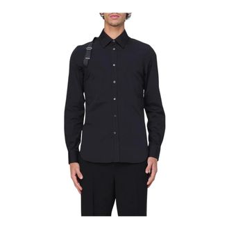 Alexander McQueen Casual Shirts, male, Black, M, Black Poplin Shirt with Strap Detail