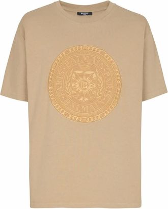 Balmain Geborduurd M&eacute;daille T-shirt - Heren - T-shirts - Beige - 3XL - Katoen - Tops