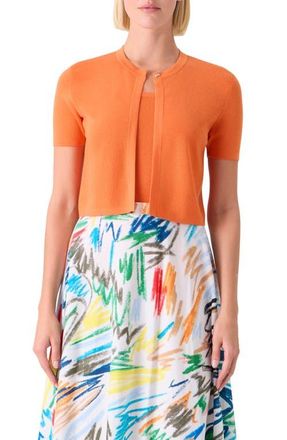 Akris Short Sleeve Virgin Merino Wool Crop Cardigan in Orange at Nordstrom, Size 16