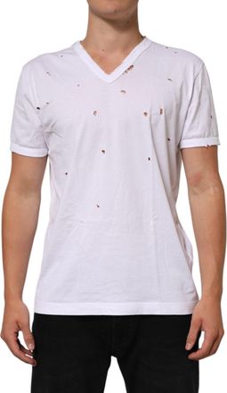 Dolce & Gabbana Mens Distressed Vneck Tshirt - White Cotton - Size EU 48 (Mens)