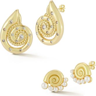 Glaze Jewelry Set of 2 Faux Pearl & Cubic Zirconia Shell Stud Earrings in Gold at Nordstrom Rack
