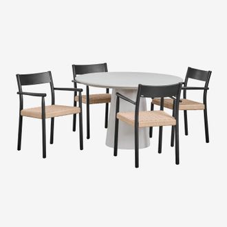 Sklum Sklum - Set De Mesa Redonda En Cemento (&oslash;120 Cm) Noemi Y 4 Sillas De Comedor En Madera De Roble Y Cuerda Trenzada Mara