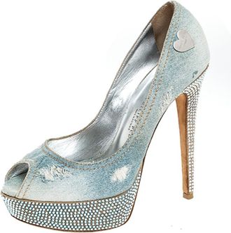 Philipp Plein Phillip Plein Blue Crystal Embellished Distressed Denim Peep Toe Platform Pumps
