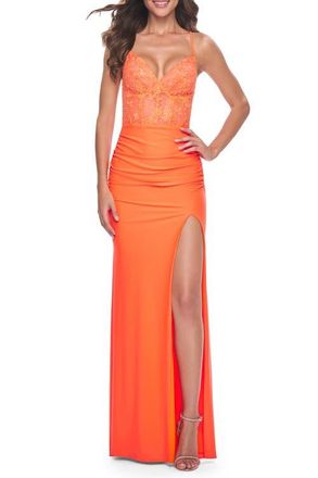 La Femme Neon Illusion Lace Bodice Prom Dress with Rhinestones in Bright Orange at Nordstrom, Size 12
