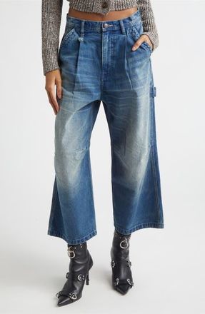 R13 Pleated Crop Wide Leg Carpenter Jeans in Depot Blue at Nordstrom, Size 26