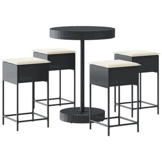 vidaXL Mesa Y Taburetes Altos Jard&iacute;n 5 Pzas Y Cojines Rat&aacute;n Pe Negro Vidaxl