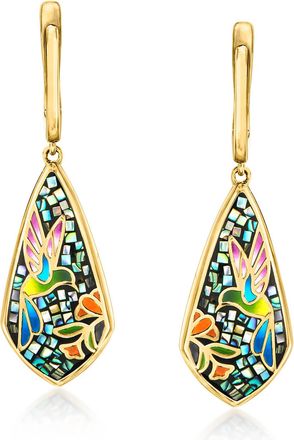 Ross-Simons Multicolored Enamel and Abalone Shell Hummingbird Mosaic Drop Earrings in 18kt Gold Over Sterling