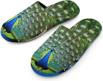 Generic Peacocks Open Tail Feathers Mens Slippers Flannel Warm House Shoes with Rubber Anti-Slip Sole Slip On for Home Outdoor