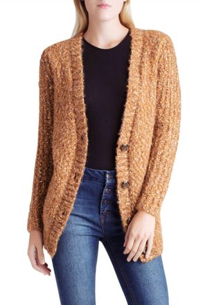 Kensie Twisted Slub Boucle Long Sleeve Cardigan In Brown