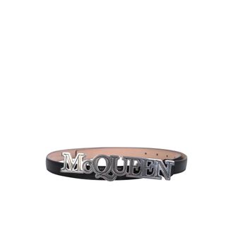 Alexander McQueen Alexander McQueen, Belts, male, Black, Size: 90 CM Black Leather Belt with Logo Plaque