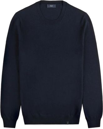 Fay Blauwe Wol Ronde Hals Trui Lange Mouwen - Heren - Ronde hals truien - Blauw - XL - Wol - Truien & Vesten