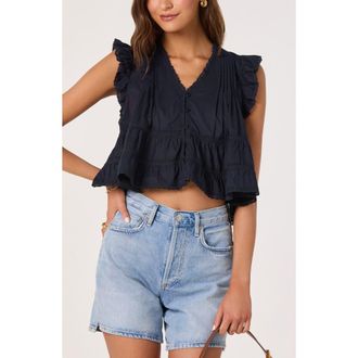 ASTR the Label Julie Flutter Sleeve Eyelet Cotton Top in Navy at Nordstrom, Size X-Small