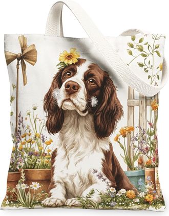 Generic Spring Springer Spaniel Dog Canvas Tote Bag for Shopping 13x15, Farmhouse Country Puppy Reusable Grocery Print Bag for Women, Farm Pet Beach Aesthetic