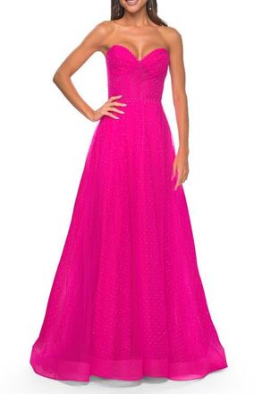 La Femme Sweetheart Tulle and Rhinestone Prom Dress with Illusion Detail in Hot Fuchsia at Nordstrom, Size 00