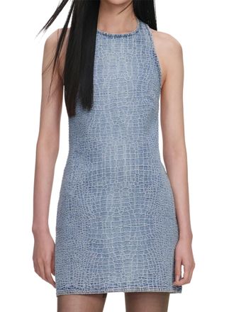 Self Portrait Rhinestone-Embellished Croc-Effect Denim Mini Dress