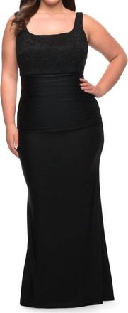 La Femme Squareneck Jersey Skirt And Lace Bodice Gown In Black