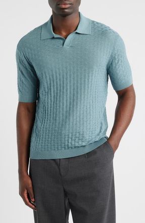 Emporio Armani Basket-Weave Stitch Johnny Collar Virgin Wool Polo Sweater in Teal at Nordstrom, Size Xx-Large