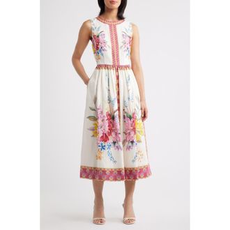 Elie Tahari The Scarlette Print Linen Blend Midi Dress in Tiara Garden Print at Nordstrom, Size 14