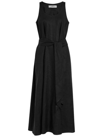 Another Tomorrow Belted Linen Midi Dress - Black - S (UK8-10 / S)
