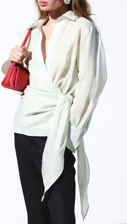 Mango Faux Wrap Woven Shirt in Green at Nordstrom, Size Medium
