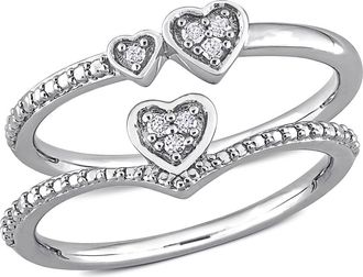 Delmar Set of 2 Sterling Silver Pavé Diamond Heart Stackable Rings - 0.07ct. in White at Nordstrom Rack, Size 6