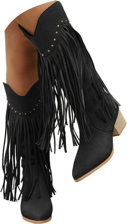 Generic Fringe Cowboy Boots for Women,2025 Pointed Toe Tassel Knee High Booties Retro Fringe Rivet Slip On Wide Mid Calf Knight Riding Booties Wide Calf Ridin