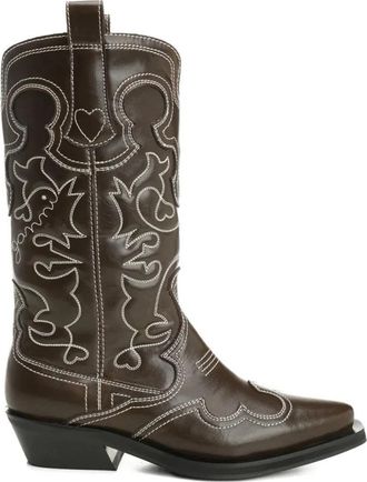 Ganni Geborduurde Westernlaars in Donker Olijf - Dames - Cowboylaarzen - Bruin - 36 EU - Schoenen
