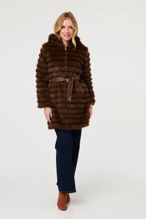 Izabel London Womens Brown Faux Fur Striped Tie Waist Longline Coat - Size 14 UK