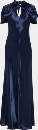 Alberta Ferretti Twisted Capelet Satin Maxi Dress