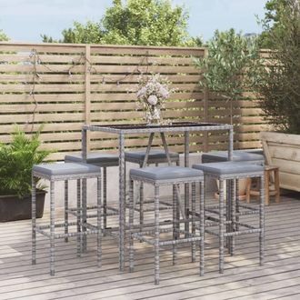 vidaXL Mesa Y Taburetes Altos Jard&iacute;n Y Cojines 7 Pzas Rat&aacute;n Pe Gris Vidaxl