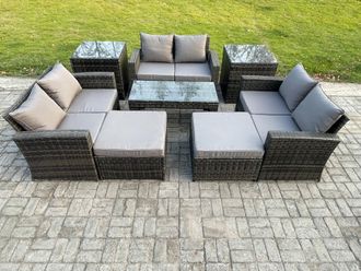 Fimous Outdoor U Shape Sofa Set Wicker PE Rattan Garden Furniture Set with Coffee Table Double Seat Sofa Big Footstool in Dark Grey