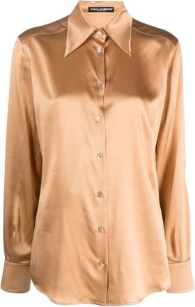 Dolce & Gabbana Zijden overhemd met satijnen afwerking en goudkleurige kraag - Dames - Overhemden - Beige - M - Satijn - Overhemden