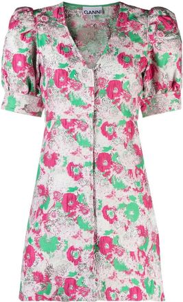 Ganni floral-print short-sleeve dress - women - Recycled Polyester/Polyamide/Metallic Fibre/Polyester - 36 - Pink