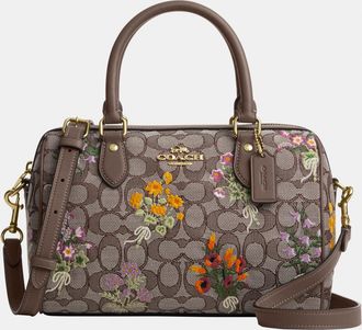 Coach Womens Rowan Satchel Bag In Signature Jacquard With Floral Embroidery - Brown - One Size