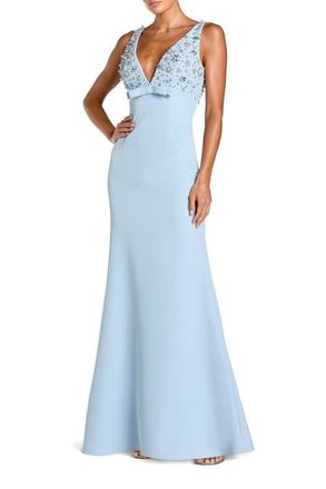 Mac Duggal Womens Crepe Sleeveless Beaded V Neck Gown With Bow in Powder Blue at Nordstrom, Size 12