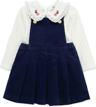 Little Me Collared Shirt & Pleated Skirted Overalls Set in Blue/White at Nordstrom, Size 12M
