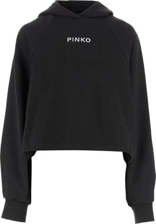 Pinko Cropped Black Sweater with Hood and Subtle Text Detail