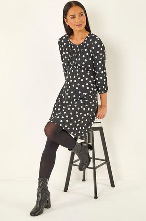 Roman Polka Dot Gathered Stretch Dress