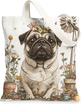 Generic Spring Pug Dog Canvas Tote Bag for Shopping 13x15, Farmhouse Country Puppy Reusable Grocery Print Bag for Women, Farm Pet Beach Aesthetic Painting Gif