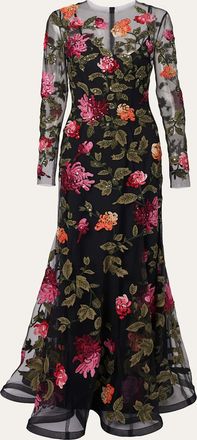 Carolina Herrera Floral-Embroidered Tulle Gown