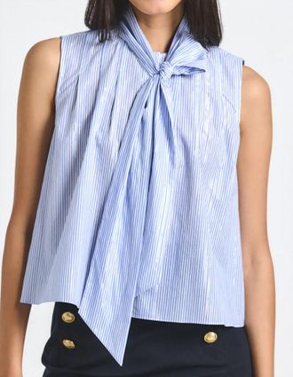 Derek Lam Aviana Lurex Stripe Tie Neck Top In Blue