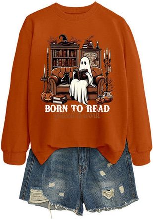 Generic Ladies Halloween Crewneck Sweatshirt Unisex Sweater Ghost Print Long Sleeve Shirt Fall Pullover Tops Knitted Fabric Skeleton Orange