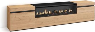 Skraut Home Mueble TV efecto madera roble y negro efecto chimenea 200x35x45 cm