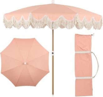 Jonathan Y Designs Mariner 6.5 ft. Classic Cottage Fringe Tassel Market Beach Umbrella with Push Button Tilt in Pink - Light Brown Pole at Nordstrom